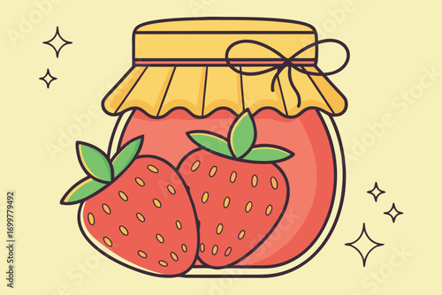 Strawberry Jam Jar with Strawberries and Sparkles on Yellow Background fruit food