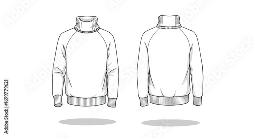 Stylized rendition featuring a seamless design of a warm, comfortable, and minimalist turtleneck sweater, presented in both the front and back views