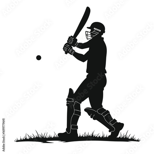 Cricket player silhouette hitting ball with bat Keywords: cricket, player, silhouette, sport