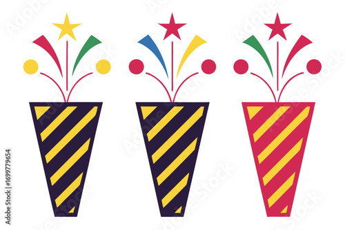 Three colorful party poppers with fireworks on white background confetti celebration