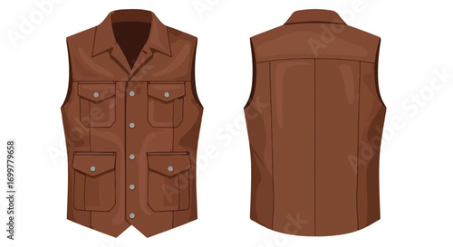 Illustration depicting a versatile brown safari vest with practical pockets, perfect for outdoors and adventure outfit showcasing style and