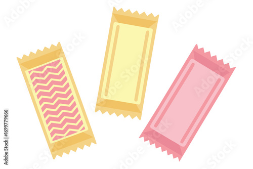 Three Colorful Chewing Gum Wrappers With Patterns candy sweet
