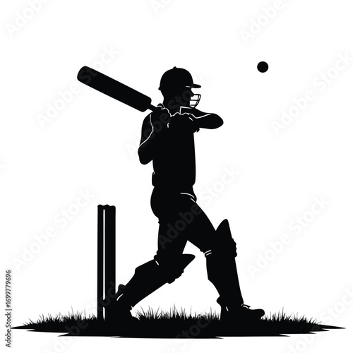 Cricket player silhouette hitting ball with bat on white background Keywords: cricket, player
