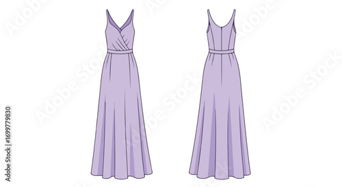 Elegant flowing gown illustration with delicate straps in a soft lavender hue design for apparel concept design