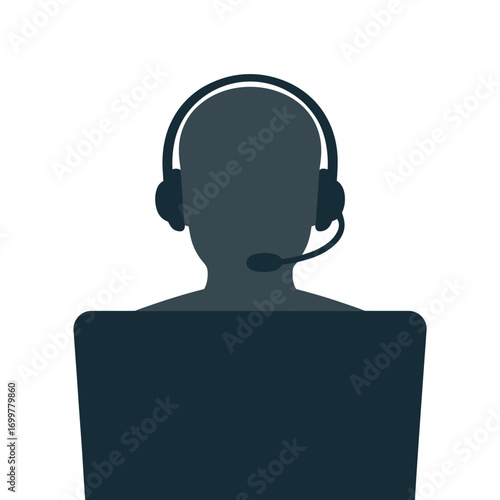 Silhouette of a person wearing a headset and sitting at a desk