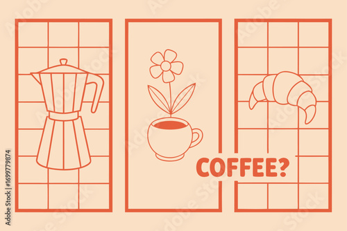 Triptych of Coffee Icons and Text " COFEE?" in Orange Outline moka pot