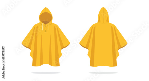 Bright yellow hooded poncho illustration offering protection against inclement weather conditions displayed from the front and rear views