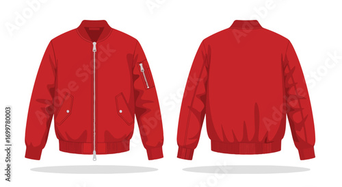 Vibrant crimson bomber jacket displayed in front and back views against a white backdrop, ideal for fashion designs showcasing contemporary