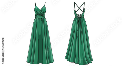Emerald elegance: A front and back view of a flowing green gown with crossover straps and cinched waist for special occasions