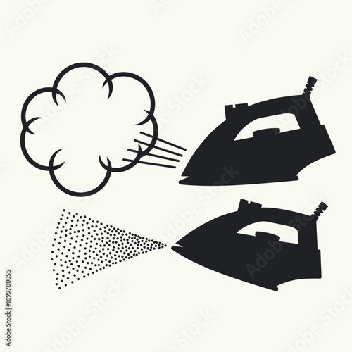 Steam iron and water spray icons representing laundry care