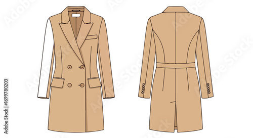 Elegant double-breasted coat fashion sketch with asymmetrical design and tailored details illustration for fashion concepts