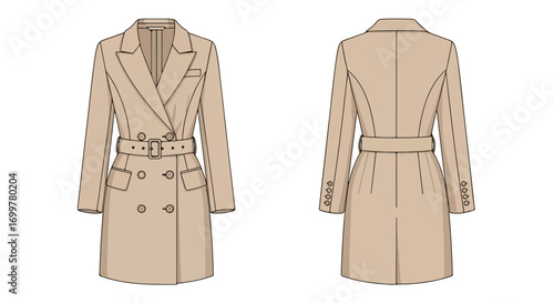 Illustrated technical flat drawing of a tan belted trench coat with double-breasted button closure and notched lapel detailing design against a