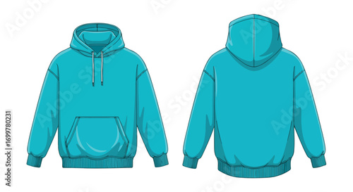 Turquoise hoodie mockup showcasing front and back design for clothing lines and fashion designers presentation with detailed contours and soft shadows