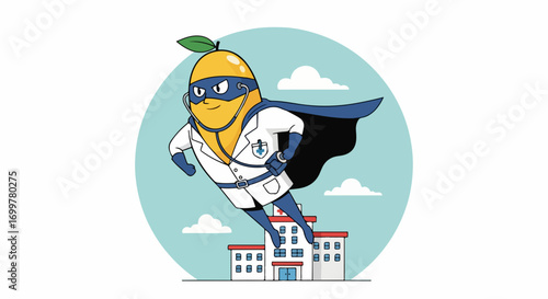 Superhero mango doctor character in a cape and mask flying over a hospital building, a concept for health and nutrition