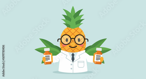 Conceptual illustration of a friendly pineapple character dressed as a doctor, promoting medical cannabis as a natural alternative medicine