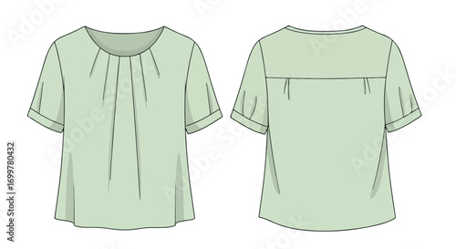 Technical drawing of a minimalist blouse with short sleeves, showcasing front and back views for fashion design purposes ideal for catalog creation