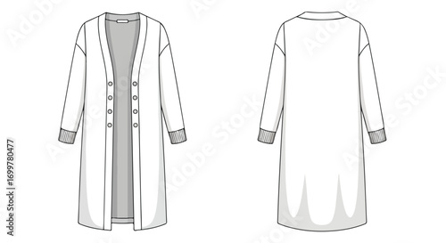 Technical drawing showcasing the front and back of a long cardigan with ribbed cuffs and button details, design presentation illustrating the