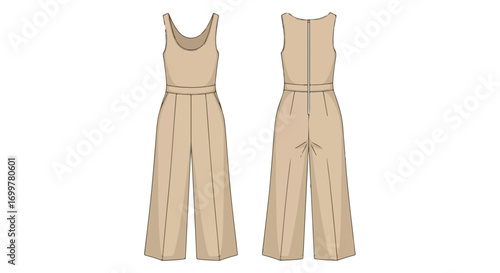 Beige linen jumpsuit technical drawing showcasing front and back view with scoop neck sleeveless design, wide legs, and concealed back zipper closure