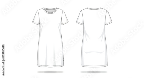 Minimalist illustration showcasing the front and back perspectives of a simple white t-shirt dress design