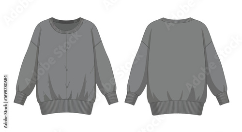 Technical drawing of a cozy, oversized grey sweatshirt showcasing both front and back perspectives for garment design illustration