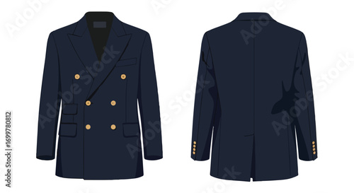 Illustrated double-breasted blazer in navy, showcasing both the front and back views on a neutral background