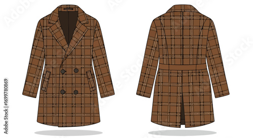 Detailed Technical Drawing Depicting the Front and Back Views of a Brown Plaid Double Breasted Overcoat