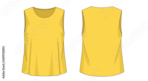 Visual representation of a yellow tank top design, displayed from both the front and back showcasing its simplicity and design features on a plain