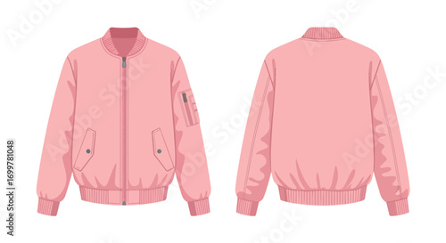 A vector illustration showcasing the front and back views of a pink bomber jacket with ribbed cuffs, collar, and hem, presented against a clean