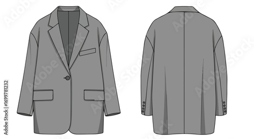Technical fashion illustration of an oversized blazer in gray showing the front and back views for design and style reference