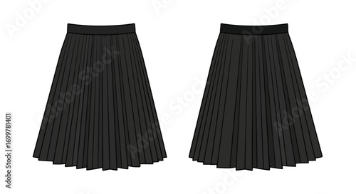 Sleek black pleated skirt renderings showcase classic silhouette and garment design features, highlighting garment details and construction elements