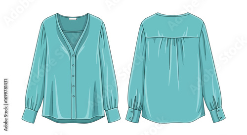 Turquoise button-down blouse technical drawing, front and back views, long sleeves, buttoned cuffs and v-neck, design for garment development or