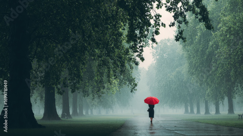 A person with a red umbrella walks in a park on a rainy day. Captured on a misty, drizzly day, a solitary figure strolls beneath a vibrant red umbrella, 