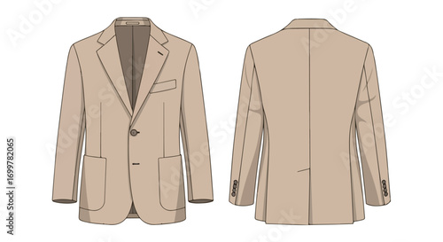 Illustration showcasing a light brown blazer from both the front and back angles, presenting a clear view of its tailored design and subtle details