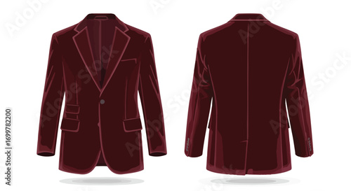 Illustration of a stylish, maroon velvet blazer on a white background shown from the front and back perspectives