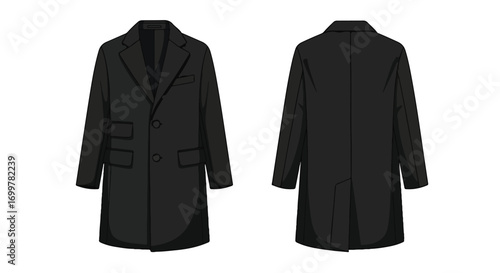 Elegant black overcoat illustration showcasing both the front and back designs on a neutral backdrop