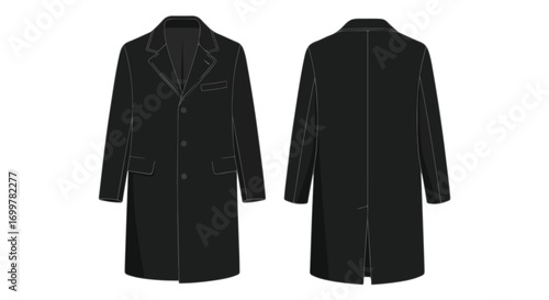 Front and Back View of a Formal Black Coat, Perfect for Winter Fashion Outfits, Style Guide Template 155