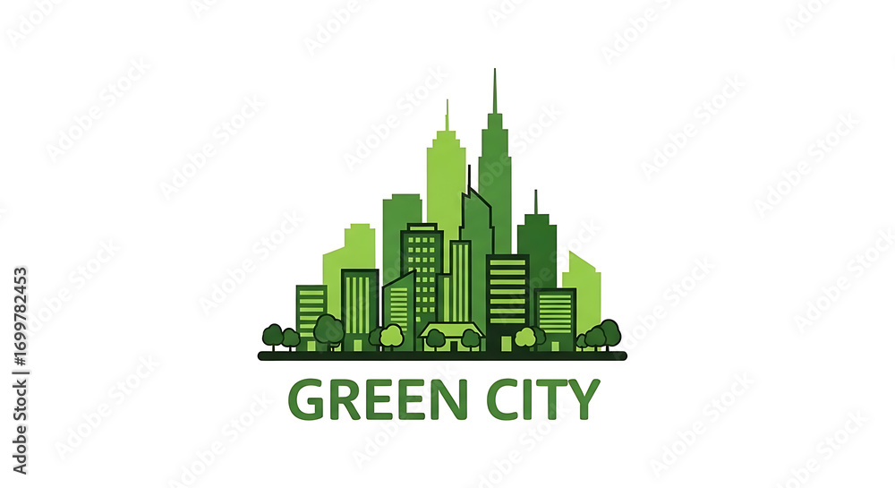 Fototapeta premium Green city logo with a skyline of buildings and trees in various shades of green on a white background ai generated