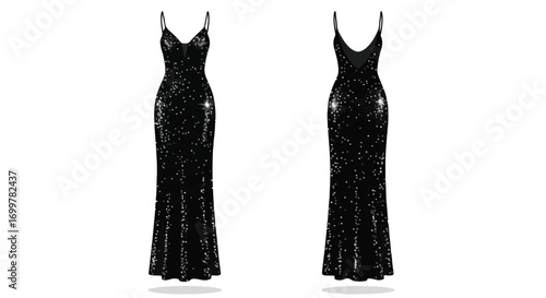 Elegant black sequined gown with spaghetti straps and a fitted silhouette for formal occasions