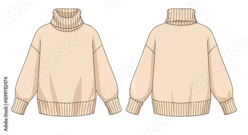 Detailed fashion illustration of a beige oversized turtleneck sweater front and back, perfect for design, style and apparel rendering showcases