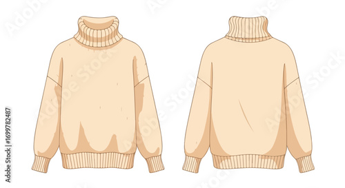 Stylish oversized cream turtleneck sweater illustration showcasing front and back design, a soft knitted fabric with ribbing details for a relaxed