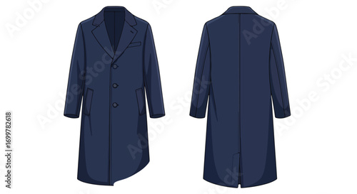 Digital illustration of a navy blue men's overcoat, presented in front and back views,isolated on a clean white backdrop, showing modern formal wear
