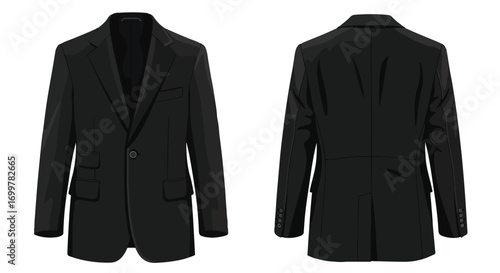 Sophisticated black business suit presented in front and back views isolated to present tailoring and design elements for retail and virtual fitting