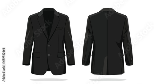 Vector illustration depicting a sleek black suit jacket displayed from front and back perspectives on white backdrop