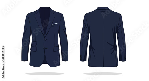 Isolated sophisticated navy blue men's suit displayed in both front and back views against a clean white background for professional fashion