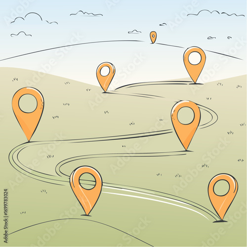 Continuous line drawing of paths and Location markers. Pin between two points in one line style.