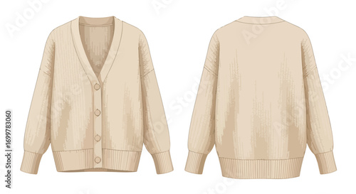 Detailed Beige Cardigan Illustration: Front and Back Views with Subtle Texture and Precise Knitting Details Showing Buttoned Style and Comfortable Fit