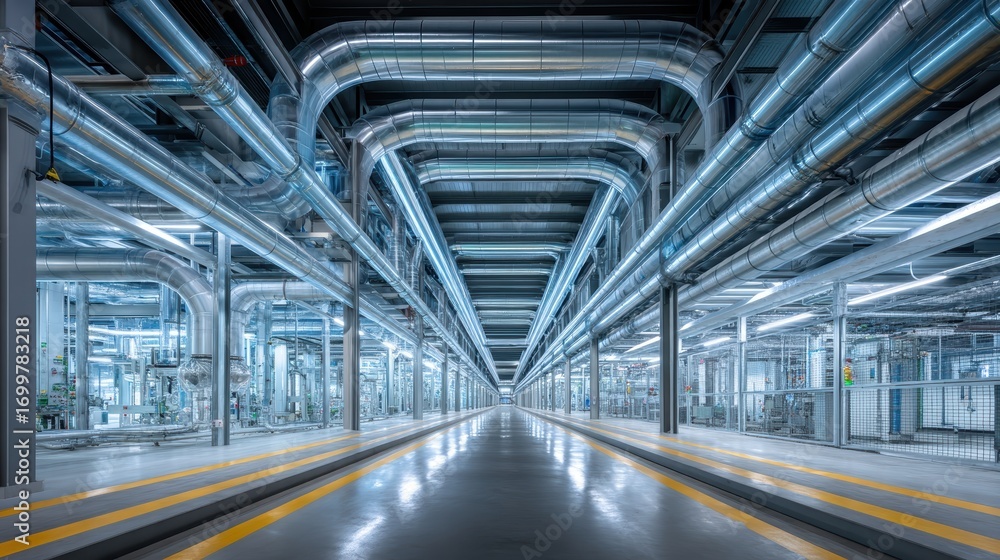 Fototapeta premium Industrial Pipes, Factory Interior, Modern Architecture