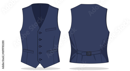 Elegant navy blue waistcoat design illustration showcasing front and back for tailoring and fashion needs