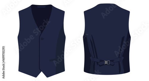 Elegant navy blue vest illustration showcasing front and back designs for formal attire considerations of apparel