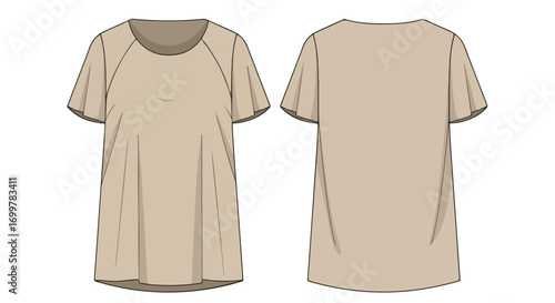 Technical fashion illustration of a flowing t-shirt with raglan sleeves and a relaxed silhouette shown in front and back views offering design clarity
